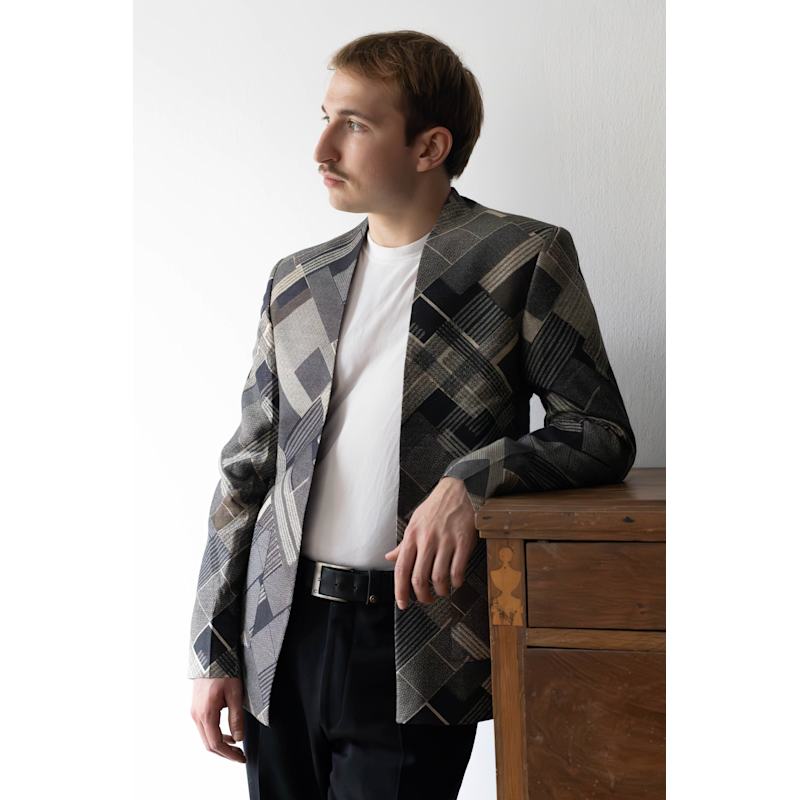 Thumbnail of Unisex Lapel-Free Blazer In Pure Tussar Silk With Graphic Checks image