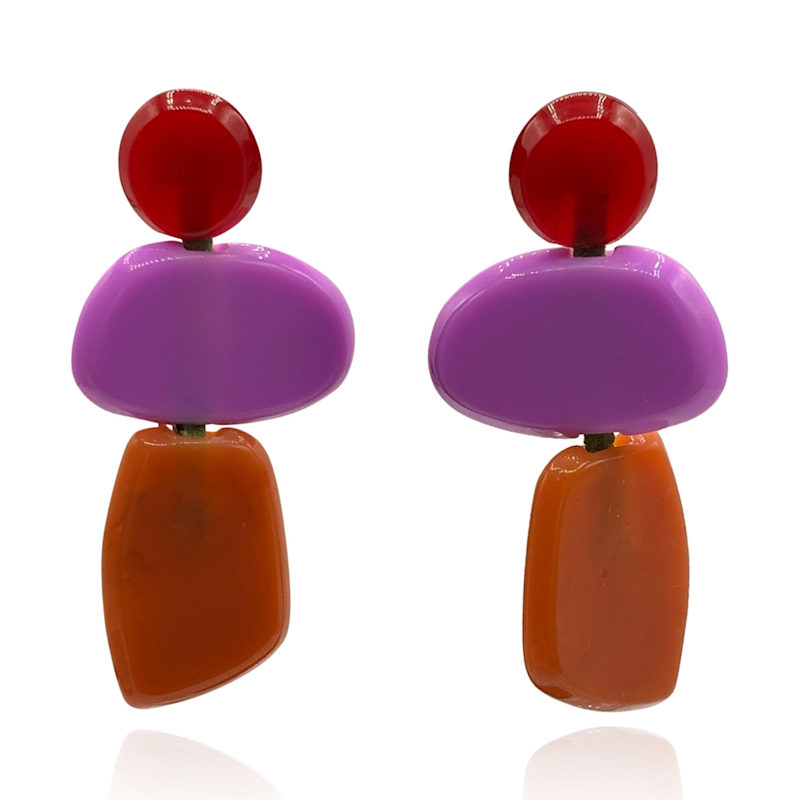 Thumbnail of Puzzle Resin Red, Purple, Amber Multi Triple Drop Earrings image