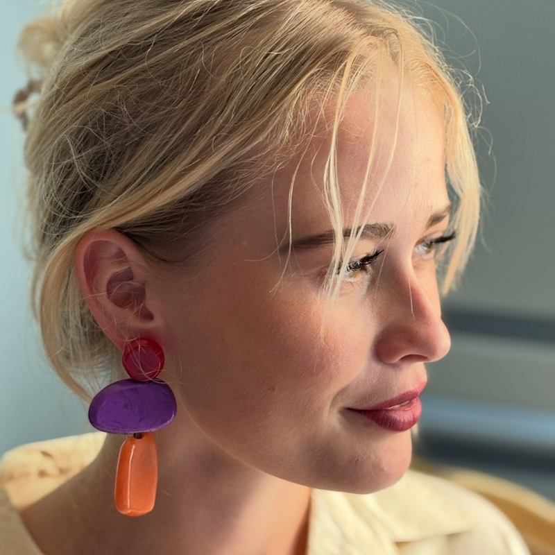 Thumbnail of Puzzle Resin Red, Purple, Amber Multi Triple Drop Earrings image