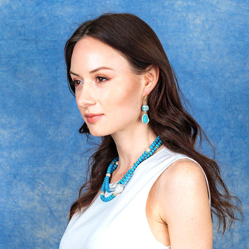 Thumbnail of Turquoise With Baroque Pearl Double Layers Statement Necklace image