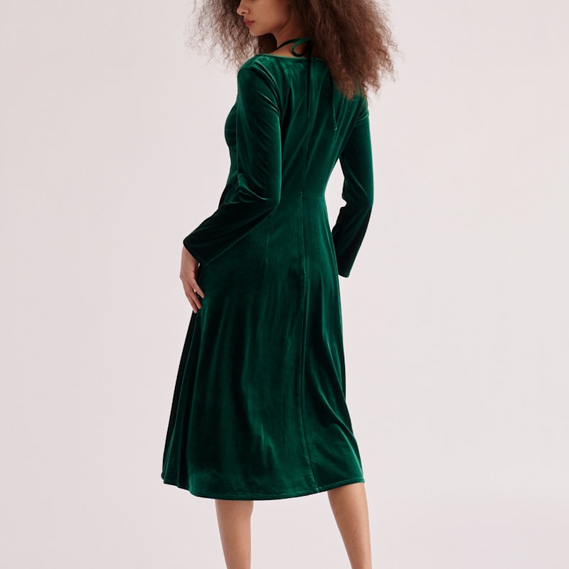 Thumbnail of Velvet Tie-Neck Dress In Dark Green image