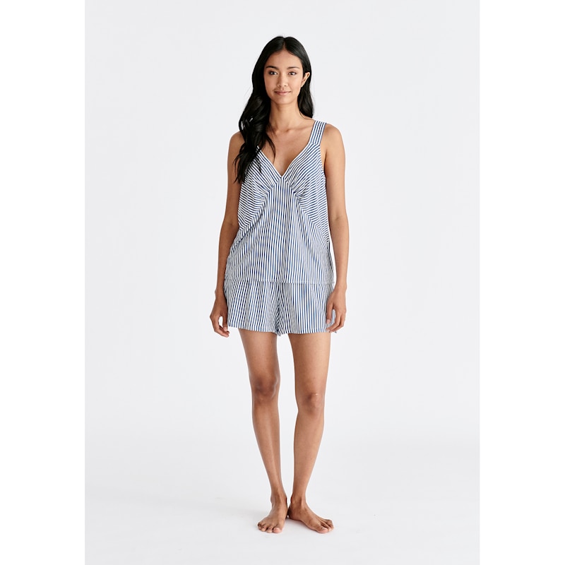 Thumbnail of Pyjama Vest Top And Elasticated Shorts In Dark Blue & White image