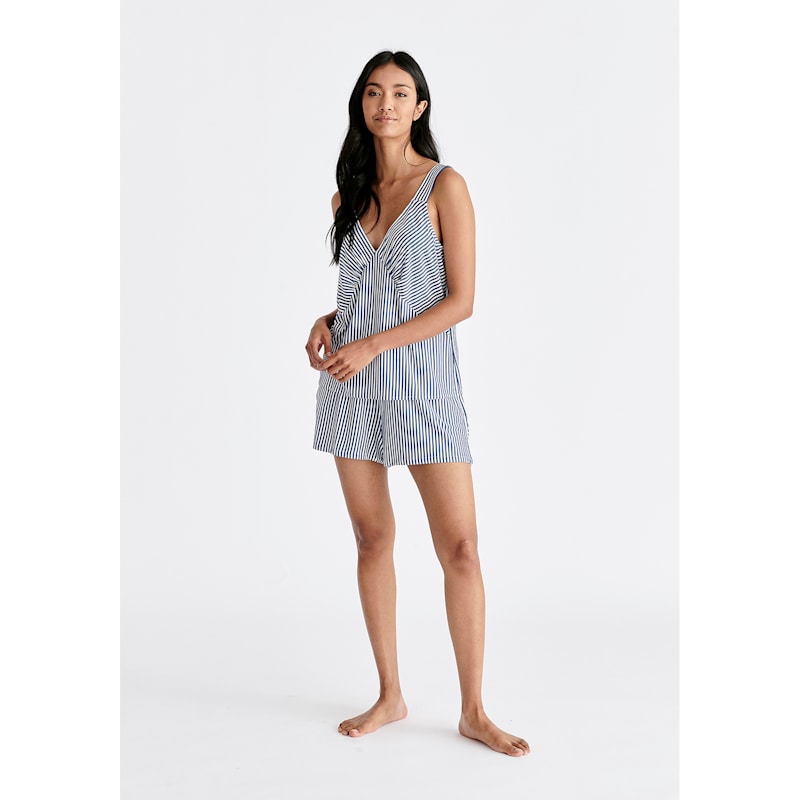 Thumbnail of Pyjama Vest Top And Elasticated Shorts In Dark Blue & White image