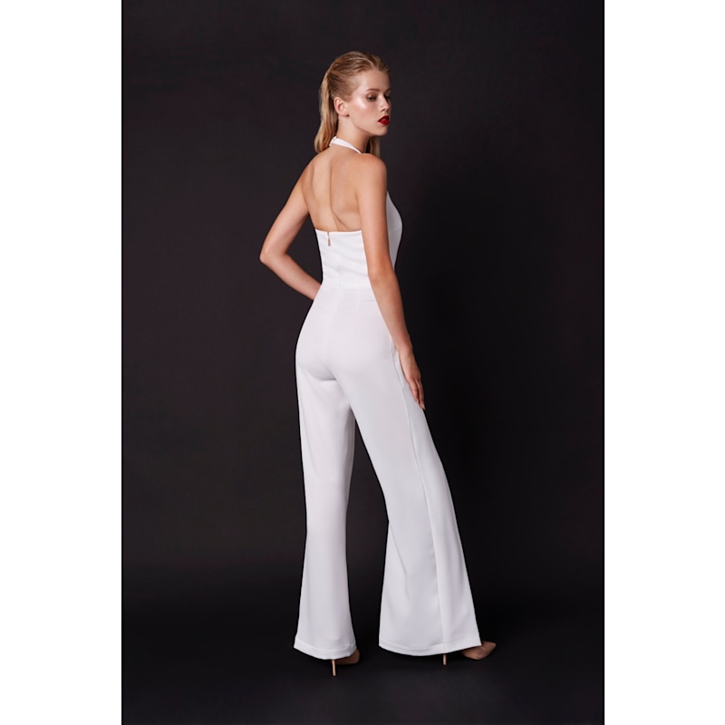 Nomi White Satin Crepe Split Leg Jumpsuit | Nomi Fame | Wolf & Badger