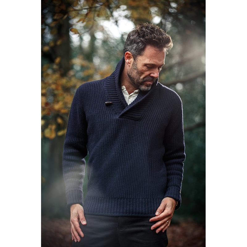 メンズウェア muta MARINE Logo Shawl Collar Sweater &Sons Port Shawl Collar Jumper Navy | &SONS Trading Co | Wolf & Badger