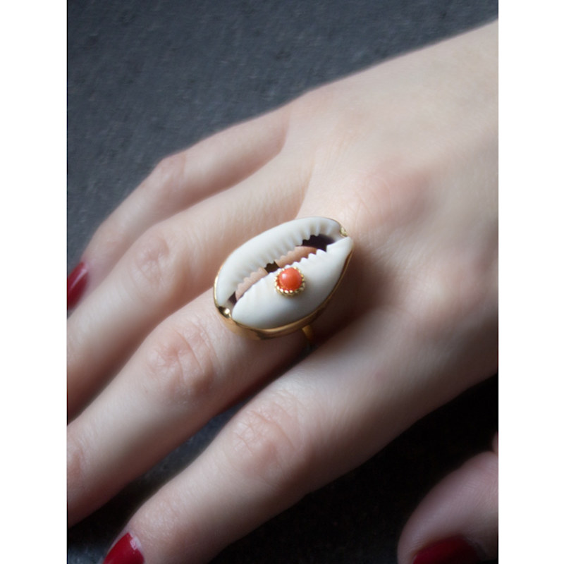 Thumbnail of Cowrie Shell Ring With Coral image