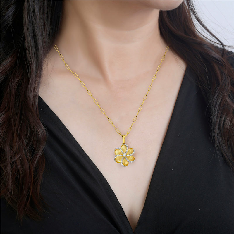 Thumbnail of Natural Diamond Floral Pendant Necklace in 14K Yellow Gold image