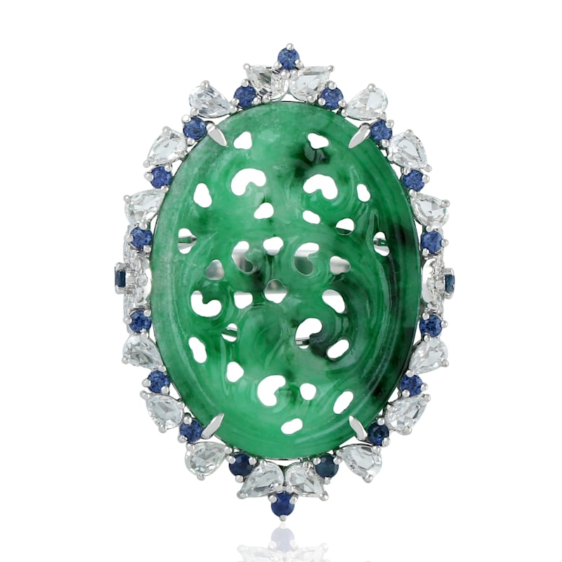 Thumbnail of 18K White Gold Carved Jade, Sapphire and Diamond Halo Ring image