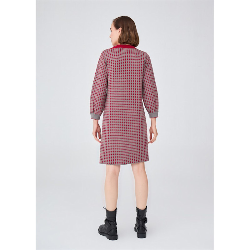 Thumbnail of Organic Cotton Wide O-Neck 3/4 Pleated Sleeve Above-Knee Knitwear Dress - Grey/Bordeaux image