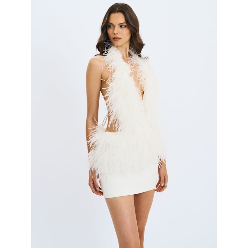 Thumbnail of Quisten White Feathered Plunging Halter Mini Dress image