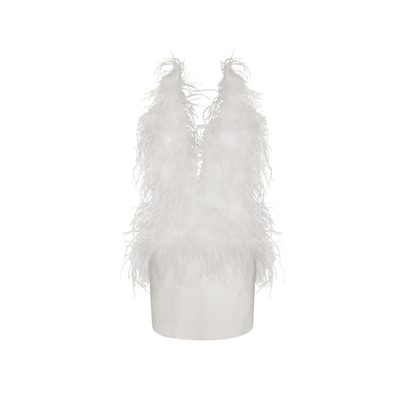 Thumbnail of Quisten White Feathered Plunging Halter Mini Dress image