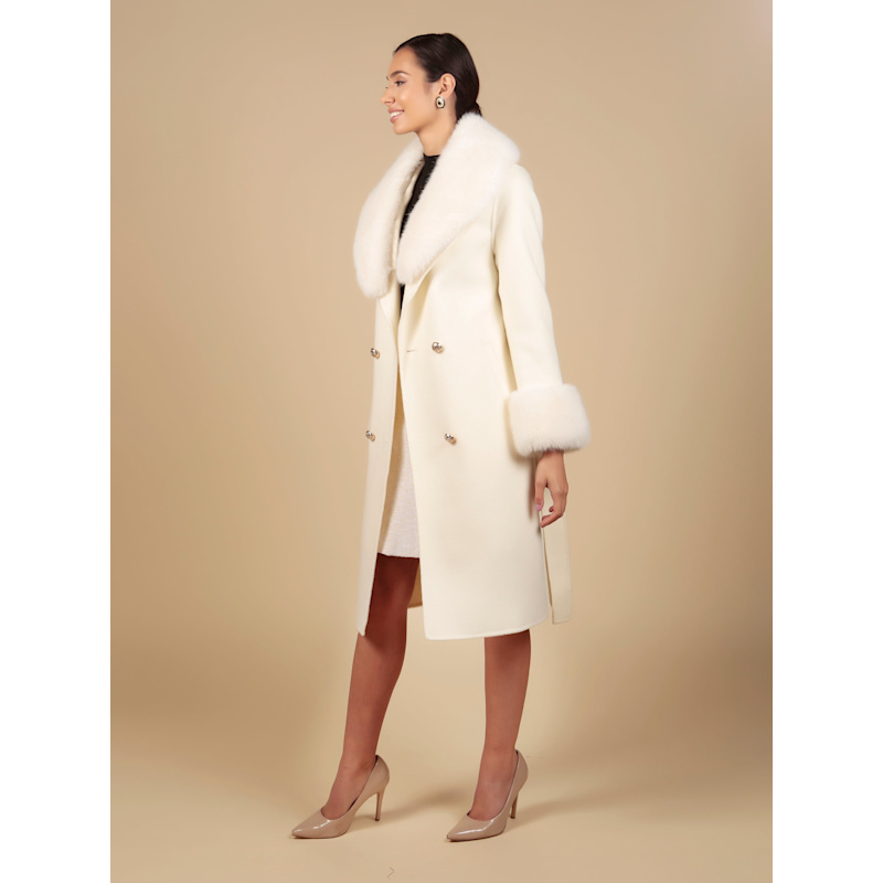 Marlene' 100% Cashmere & Wool Coat With Faux Fur In White