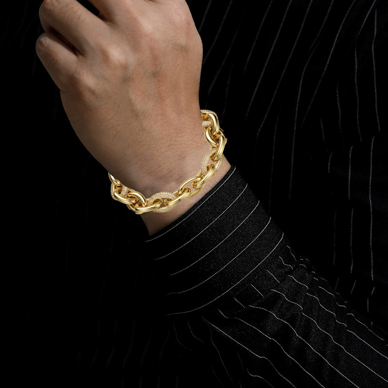 Thumbnail of Rachel Glauber Gold Plated With Cubic Zirconia Chunky Tubular Oval Cable Chain Bracelet For Men image
