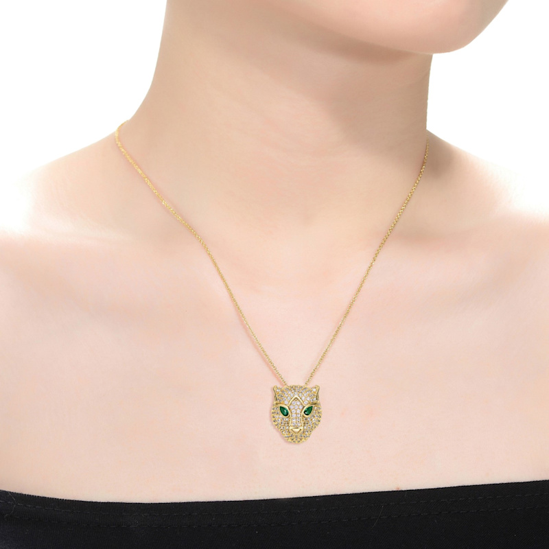 Thumbnail of Rachel Glauber Yellow Gold Plated With Emerald & Cubic Zirconia Three-D Panther Head Pendant Layering Necklace image