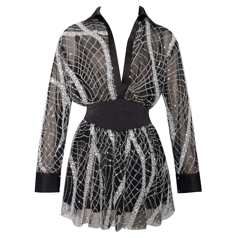 Rachelle Black Embroidered Mesh Mini Shirt Dress | Miss Circle New York |  Wolf & Badger