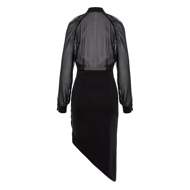 Thumbnail of Raglan Sleeve Silk Shirt Dress With Side Gathering - Black image