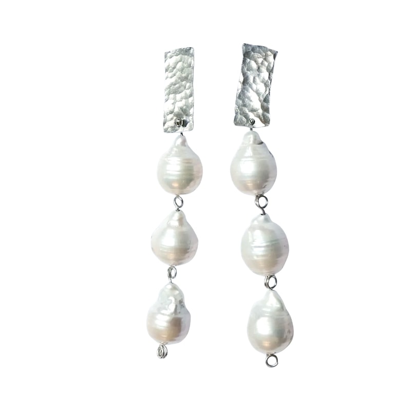 Thumbnail of Rain Rain Rain Drops Hammered Silver And Baroque Pearl Drops image