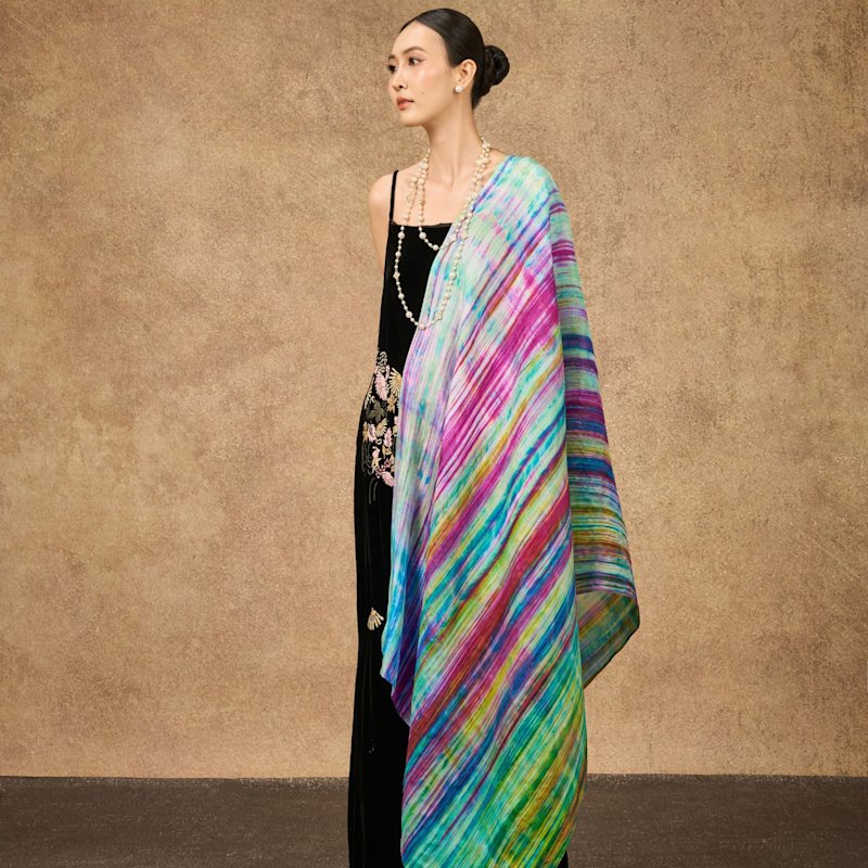 Thumbnail of Rainbow Brushstroke Hand-Dyed Silk Shawl – Mulberry Silk Wrap image