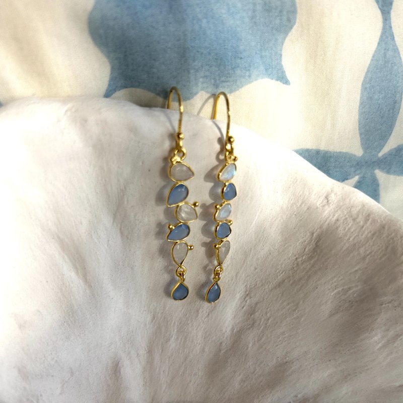 Thumbnail of Rainbow Moonstone & Blue Chalcedony Gold Drop Earrings image
