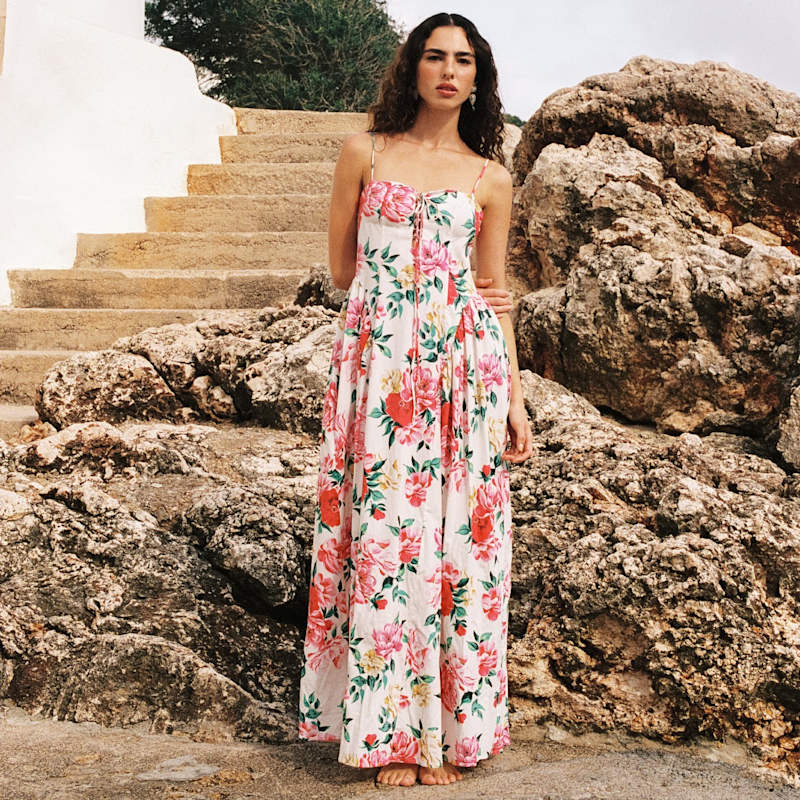floral lace up maxi dress Floral Smocked Lace-Up Back Maxi Dress Small