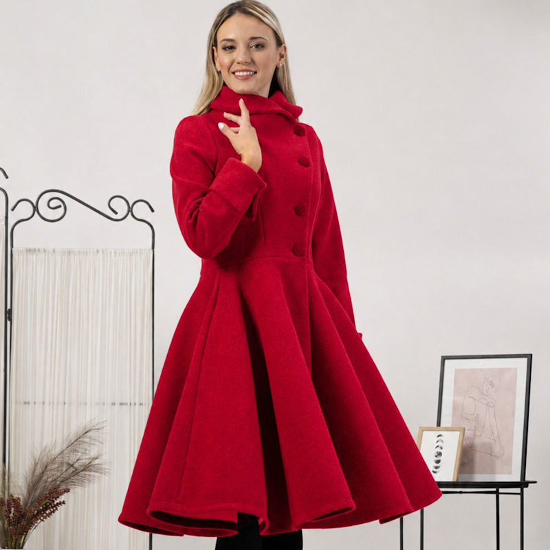 Thumbnail of Wool Princess Buttoned Coat With Pockets In Raspberry Color image