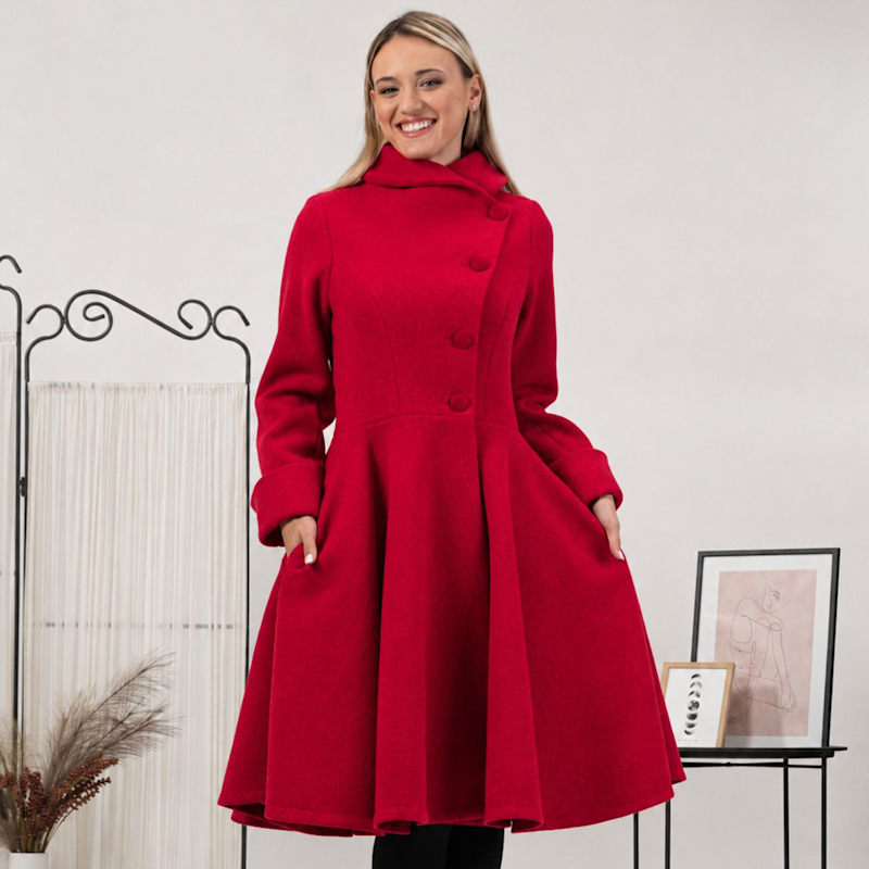 Thumbnail of Wool Princess Buttoned Coat With Pockets In Raspberry Color image