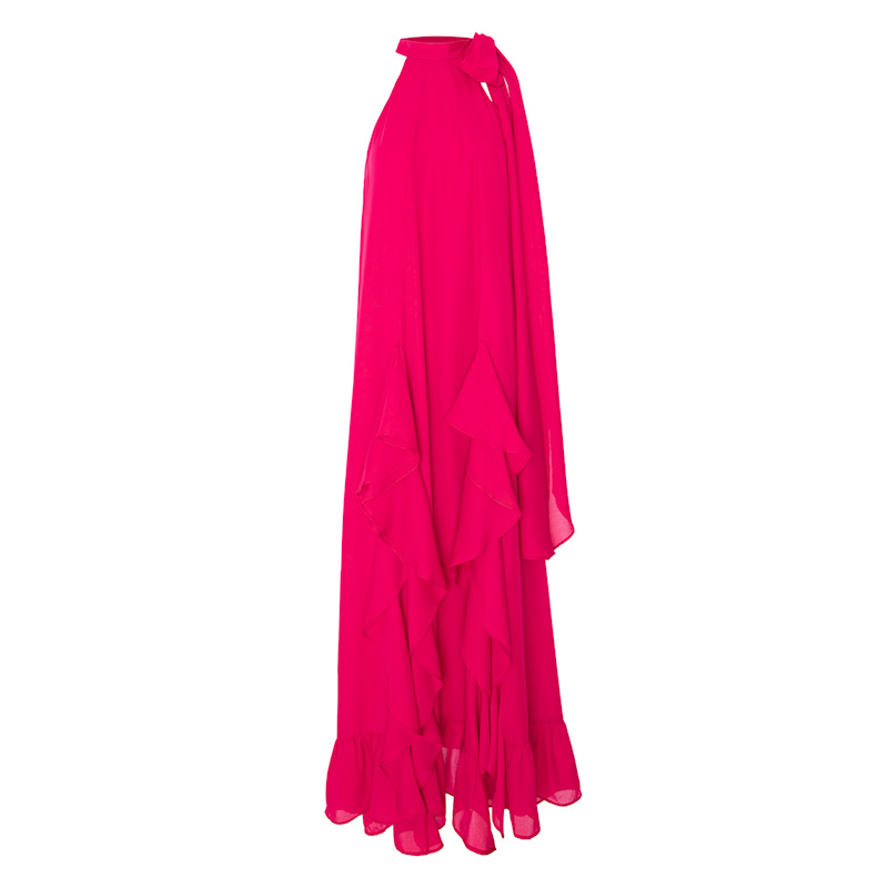Raspberry Long Dress With Deep Slits And Ruffles | concept A trois ...