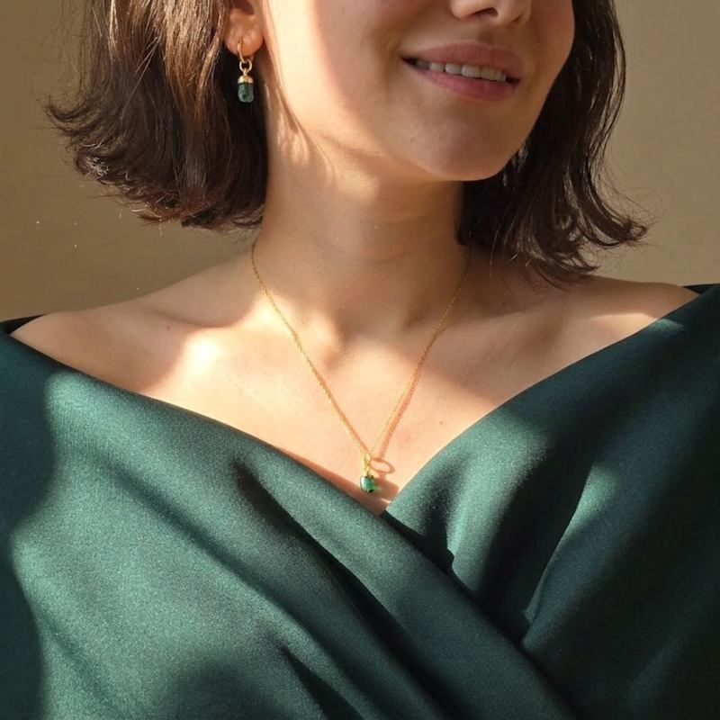Thumbnail of Raw Emerald Gold Plated May Birthstone Necklace image
