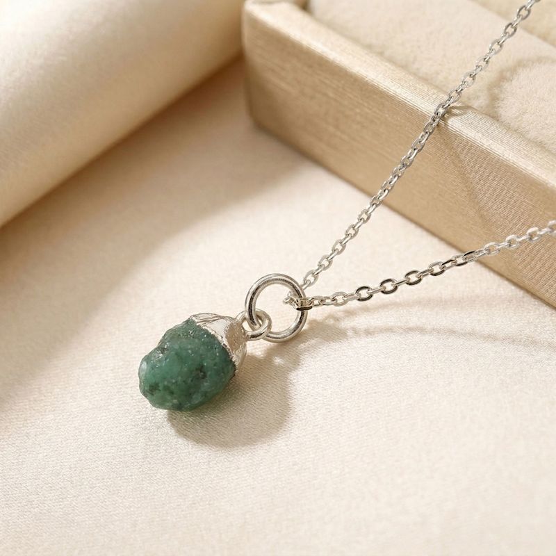 Thumbnail of Raw Emerald Sterling Silver May Birthstone Necklace image