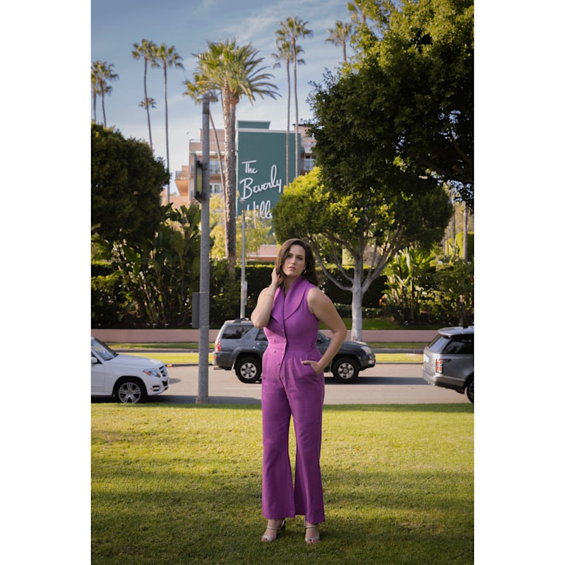 Double Breasted Shawl Lapel Jumpsuit - Purple Orchid | Femponiq