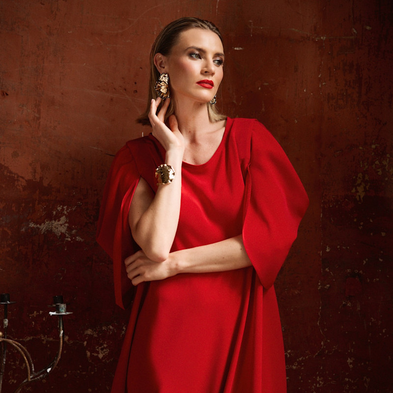 Thumbnail of Red Draped Dress With Detachable Sleeves image