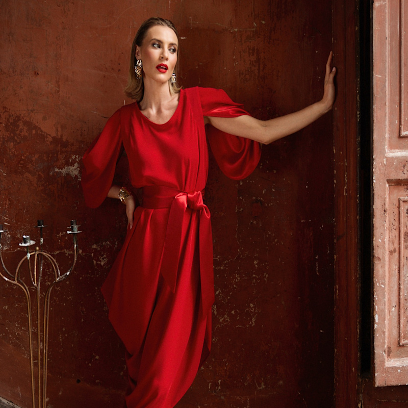 Thumbnail of Red Draped Dress With Detachable Sleeves image
