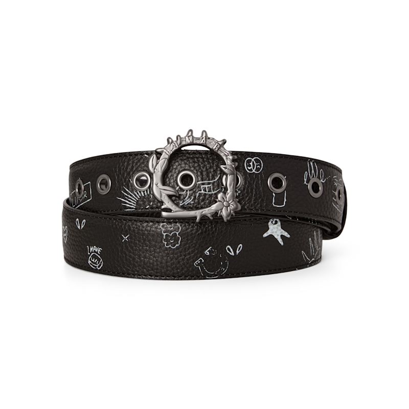 Thumbnail of Printed Black Leather Belt with Statement Silver Buckle image