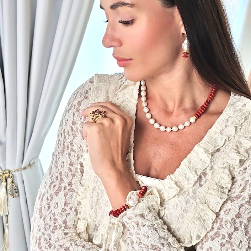 Thumbnail of Red Bamboo Coral With Baroque Pearl Bracelet image