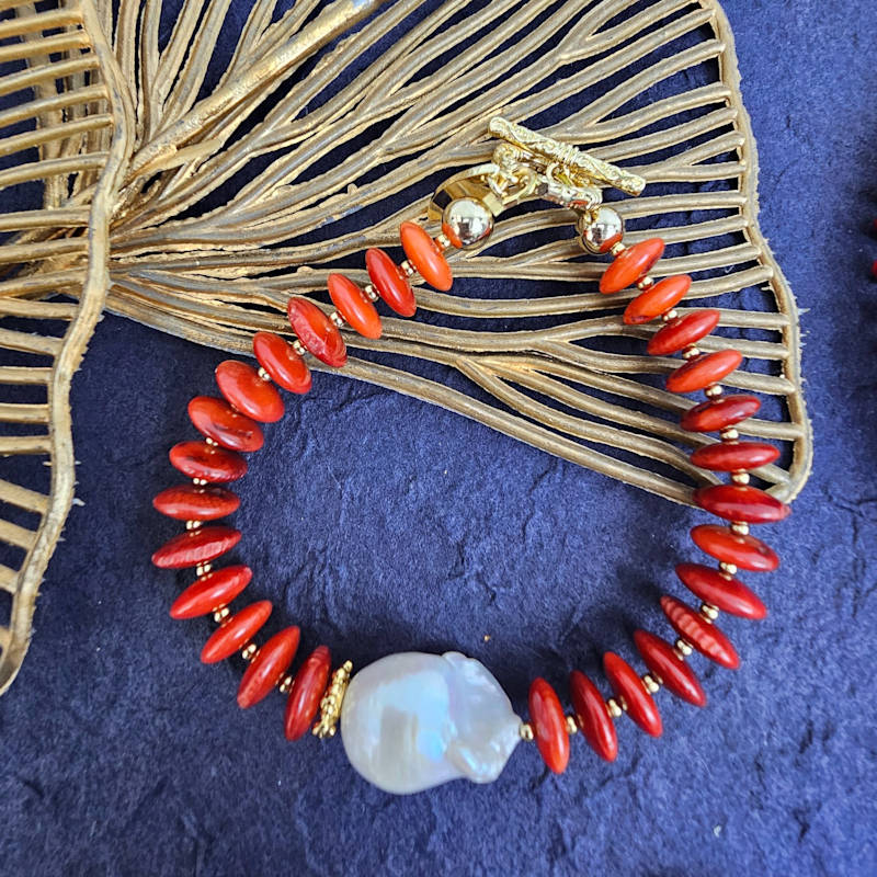 Thumbnail of Red Bamboo Coral With Baroque Pearl Bracelet image