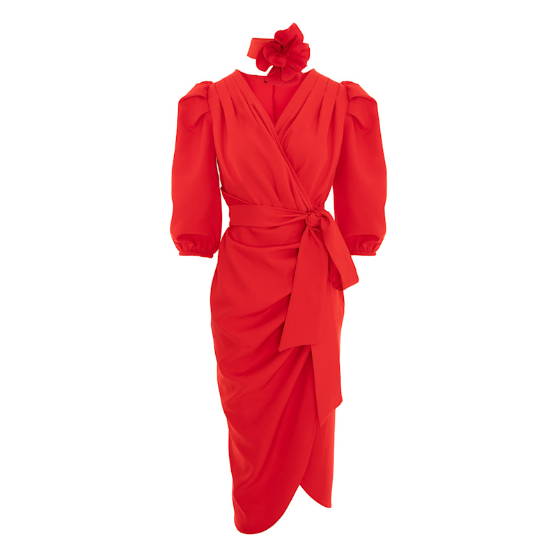 Thumbnail of Red Cocktail Dress With Puff Sleeves And Flower Accessory image