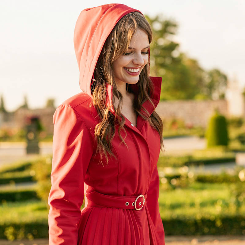 Red Fit & Flare A-Line Coat With Pleated Skirt: Scarlet Waltz