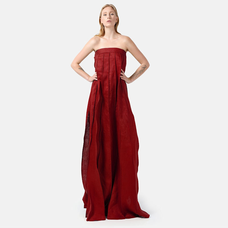 Red Linen Maxi Dress  Designer Strapless Gown With Pleated Detail by  Kargede
