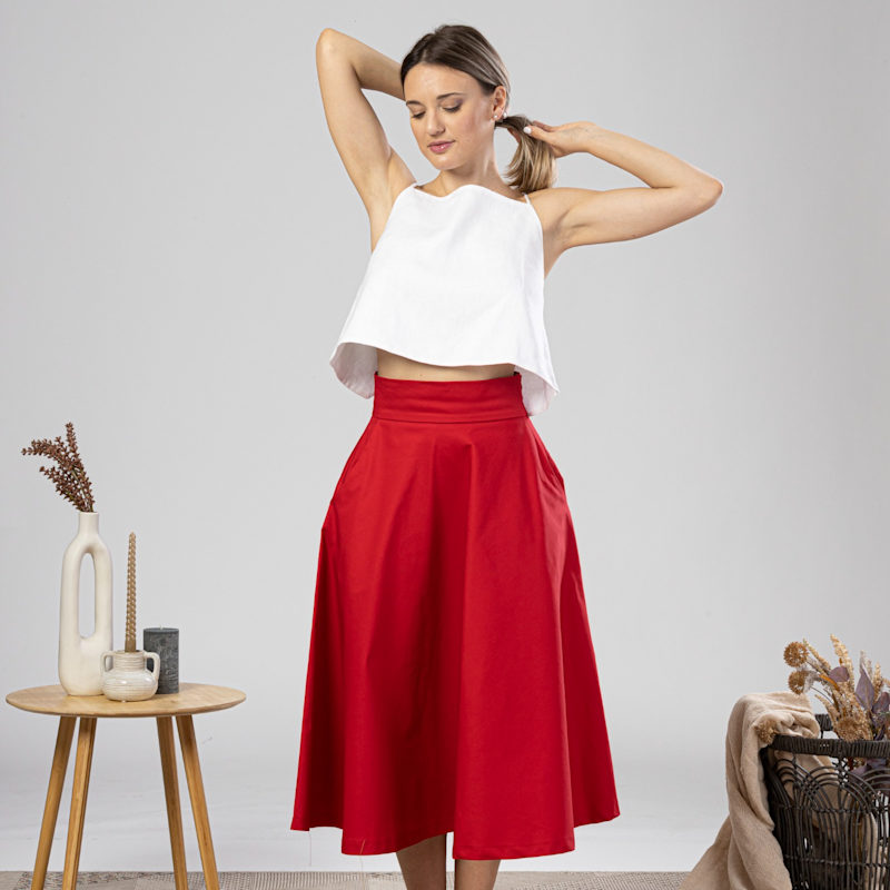 Thumbnail of Flare Cotton Skirt With High Waist And Pockets In Red image