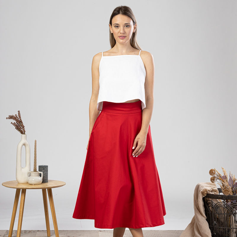 Thumbnail of Flare Cotton Skirt With High Waist And Pockets In Red image