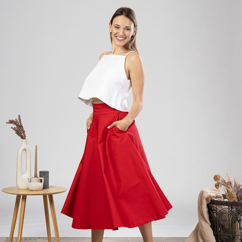 Thumbnail of Flare Cotton Skirt With High Waist And Pockets In Red image