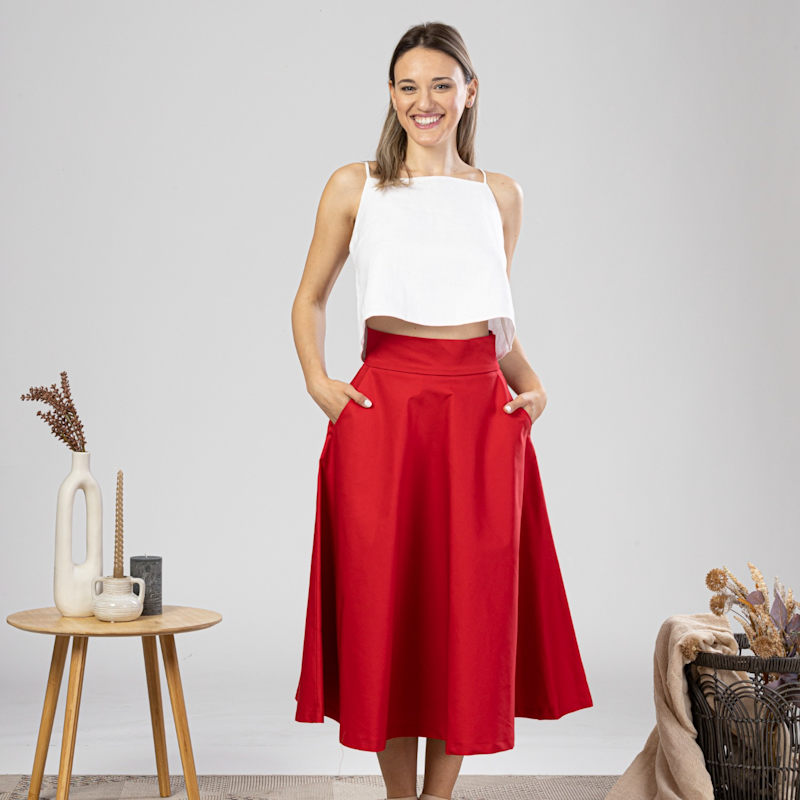 Thumbnail of Flare Cotton Skirt With High Waist And Pockets In Red image