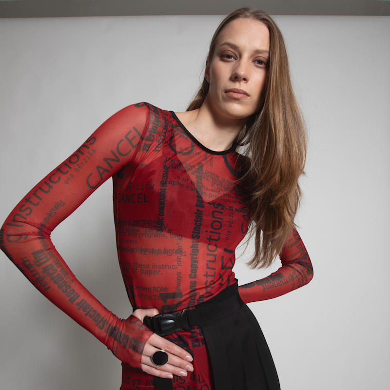 Thumbnail of Red Printed Sheer Mesh Top "Cancel/Print" image