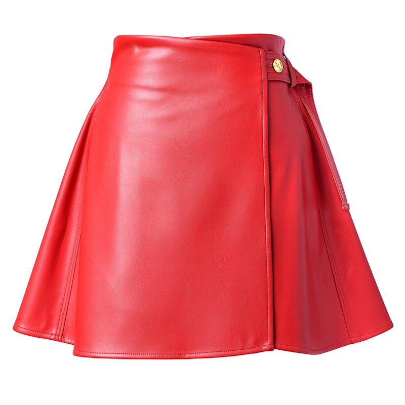 Red Vegan Leather Wrap Skirt Mini Length With Belt Kargede