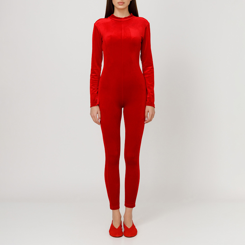 Thumbnail of Red Velvet Jumpsuit With High Neckline image