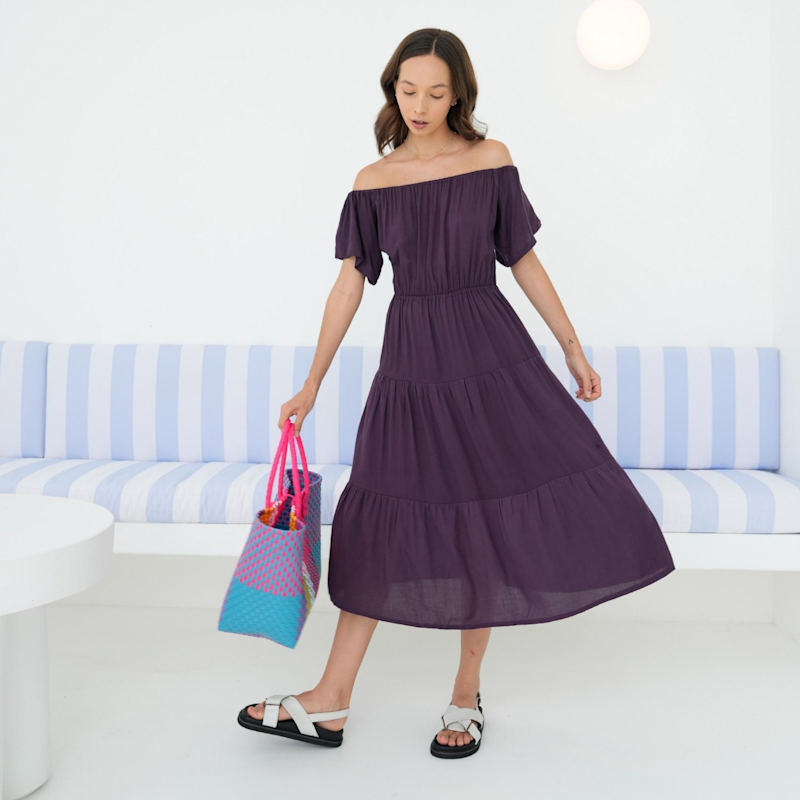 Pink Haley Regina On & Off Shoulder Midi Dress - Purple