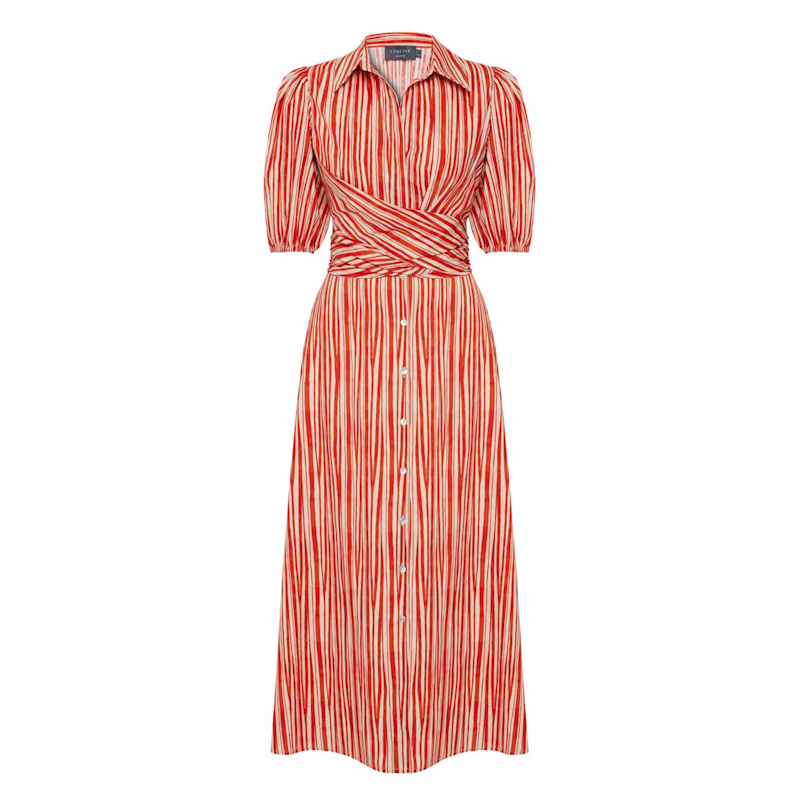 Thumbnail of Regular Striped Tie-Waist Midi Shirt Dress - Red image