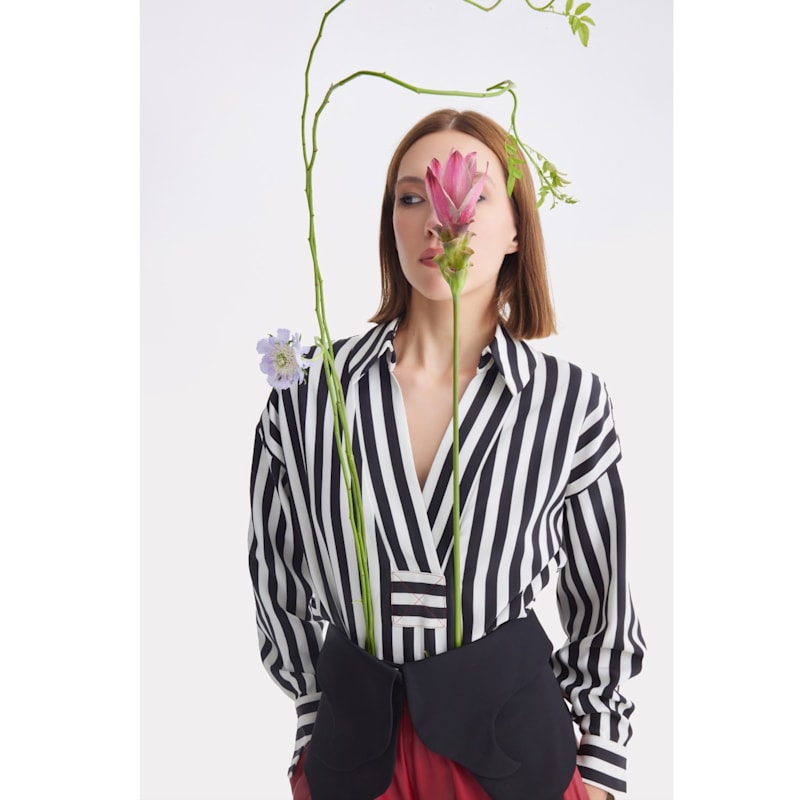 Thumbnail of Relaxed Blouse , Drop Shoulders And V-Notch Neckline - Striped image