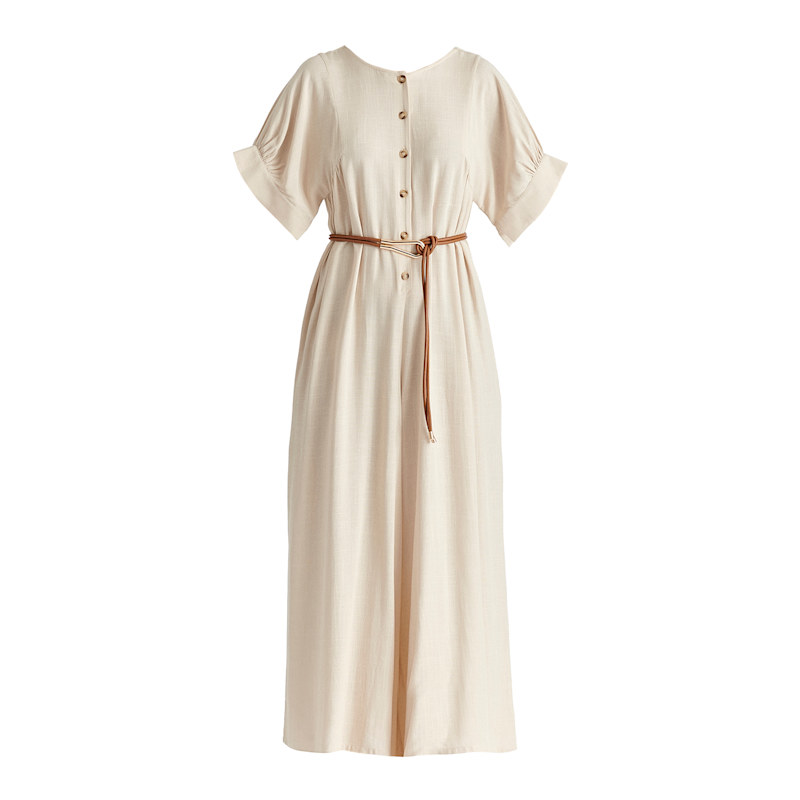 Thumbnail of Relaxed Fit Wide Leg Jumpsuit With Belt In Oatmeal image