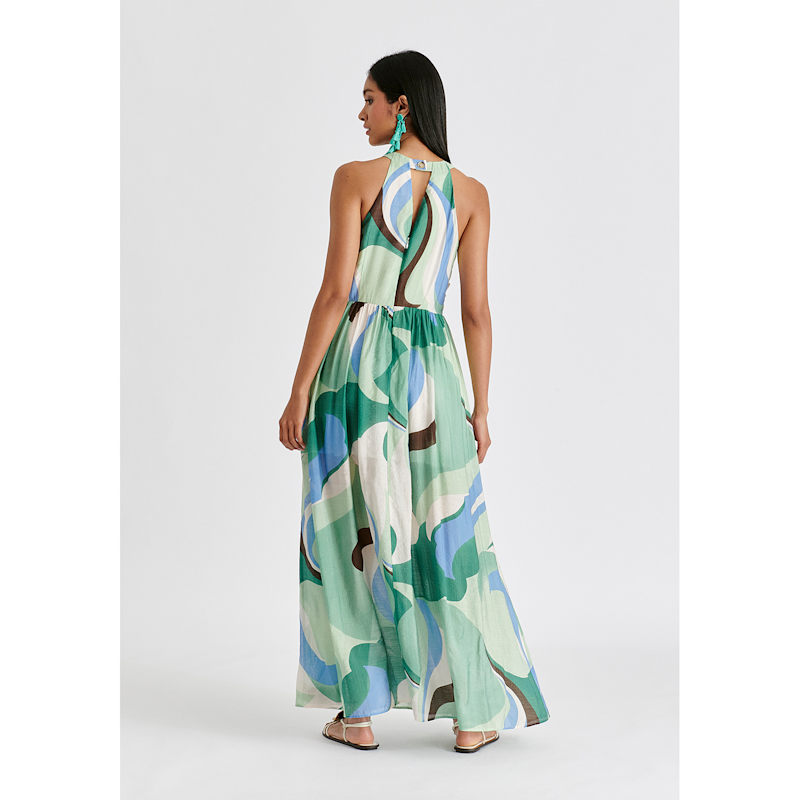 Women's Retro Wave Halter Neck Maxi Dress In Green, Brown, Blue, Mint And White | Xxs | Paisie